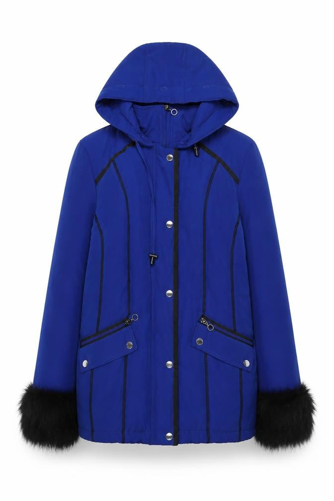 Front view of Finesse women’s blue hooded fur trim parka jacket, size UK 10