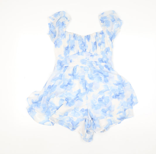 Hollister Women’s Blue Floral Chiffon Playsuit Size S Off Shoulder