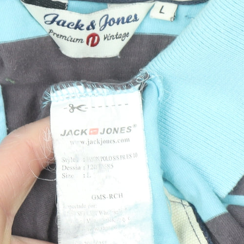 Jack & Jones Men’s Blue Striped Polo Shirt Size L Cotton Casual Top