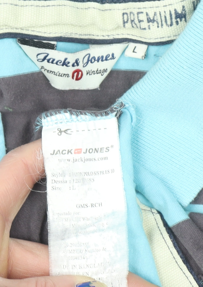 Jack & Jones Men’s Blue Striped Polo Shirt Size L Cotton Casual Top