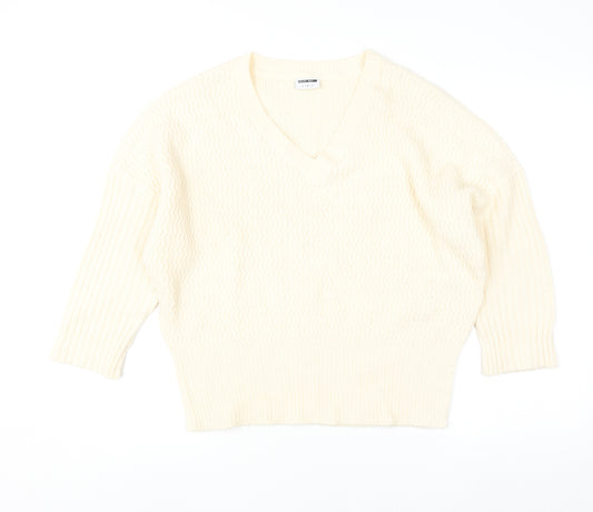 Noisy May Women Ivory V-Neck Cable-Knit Jumper Size M