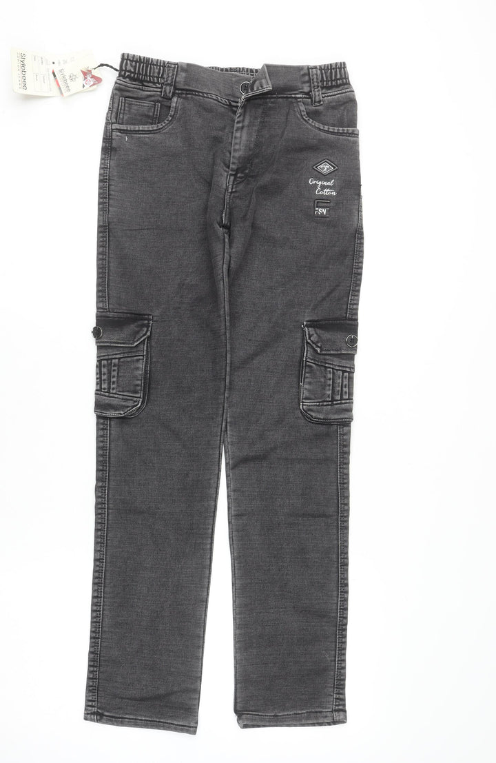 Stylebeee Boys Black Straight Fit Cargo Jeans 10 Years Cotton Denim