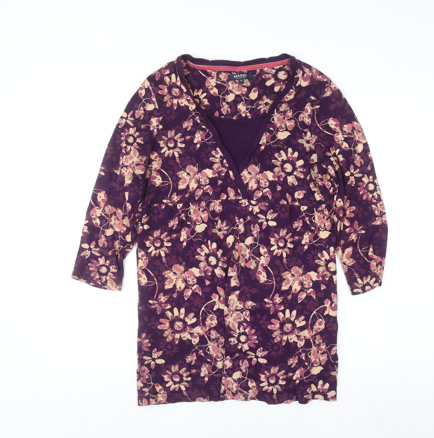 Maine New England Women's Purple Floral Cotton Tunic Blouse Size 14