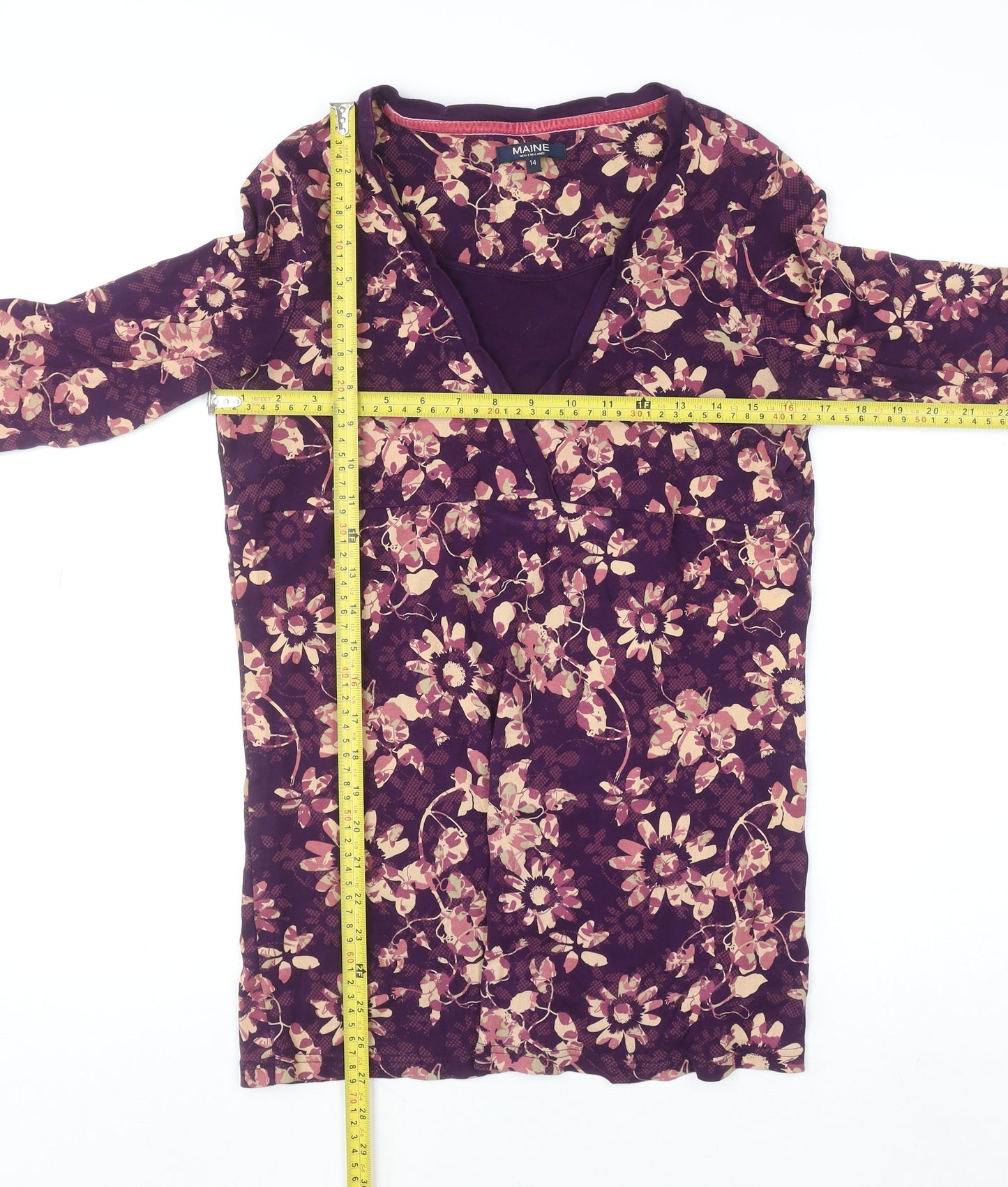 Maine New England Women's Purple Floral Cotton Tunic Blouse Size 14