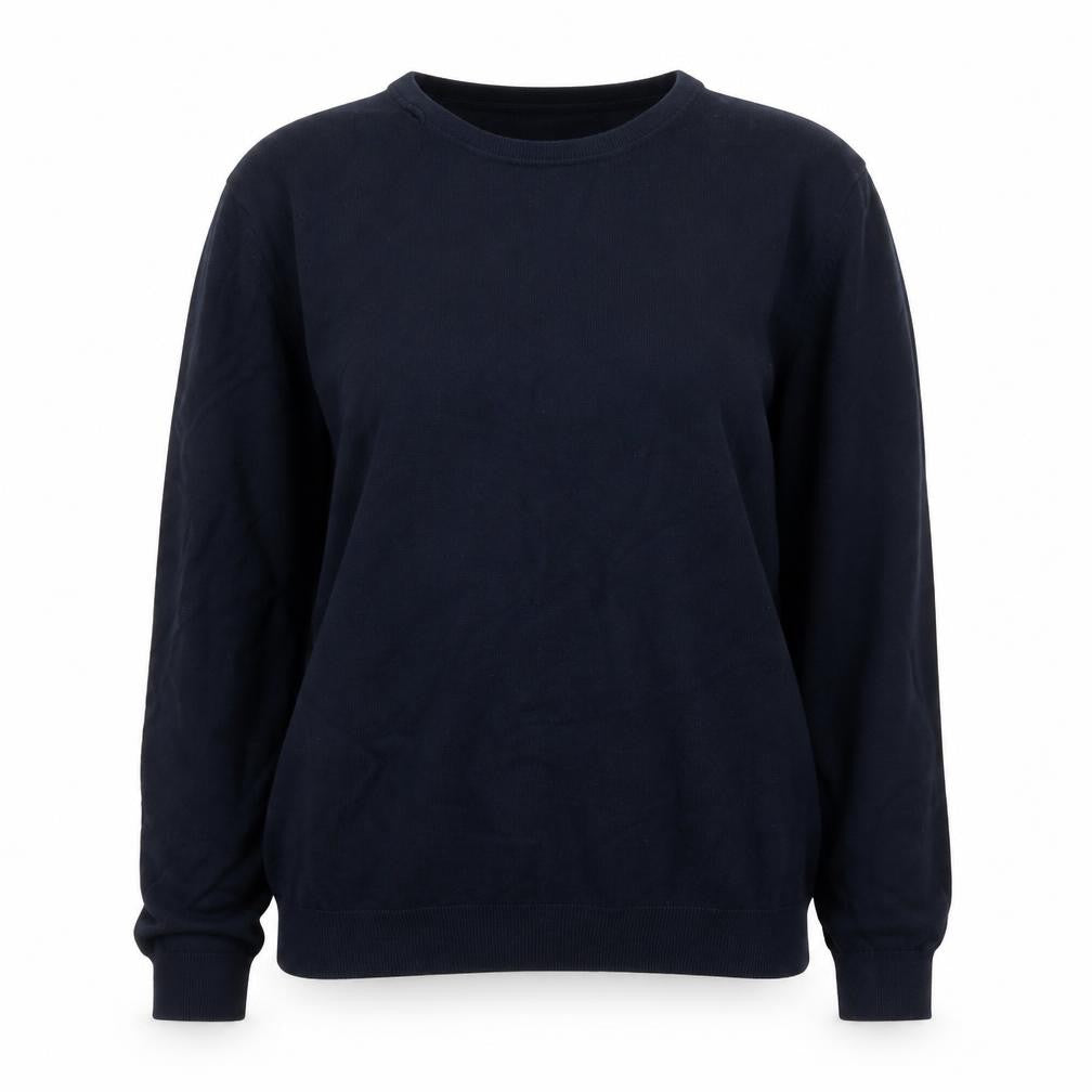 Front view of Zara women’s blue crew neck long sleeve jumper, size UK 14