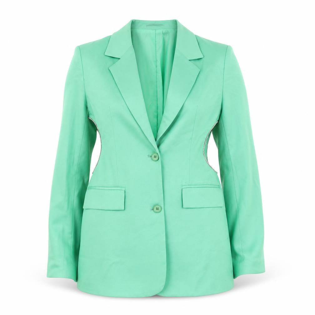 Front view of PRETTYLITTLETHING Women’s Green Blazer, size UK 8, Lined Single-Breasted Jacket
