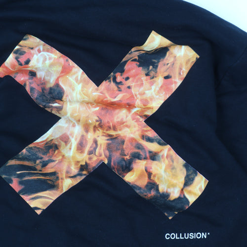 Collusion Men’s Black Pullover Hoodie M Graphic Fire Print