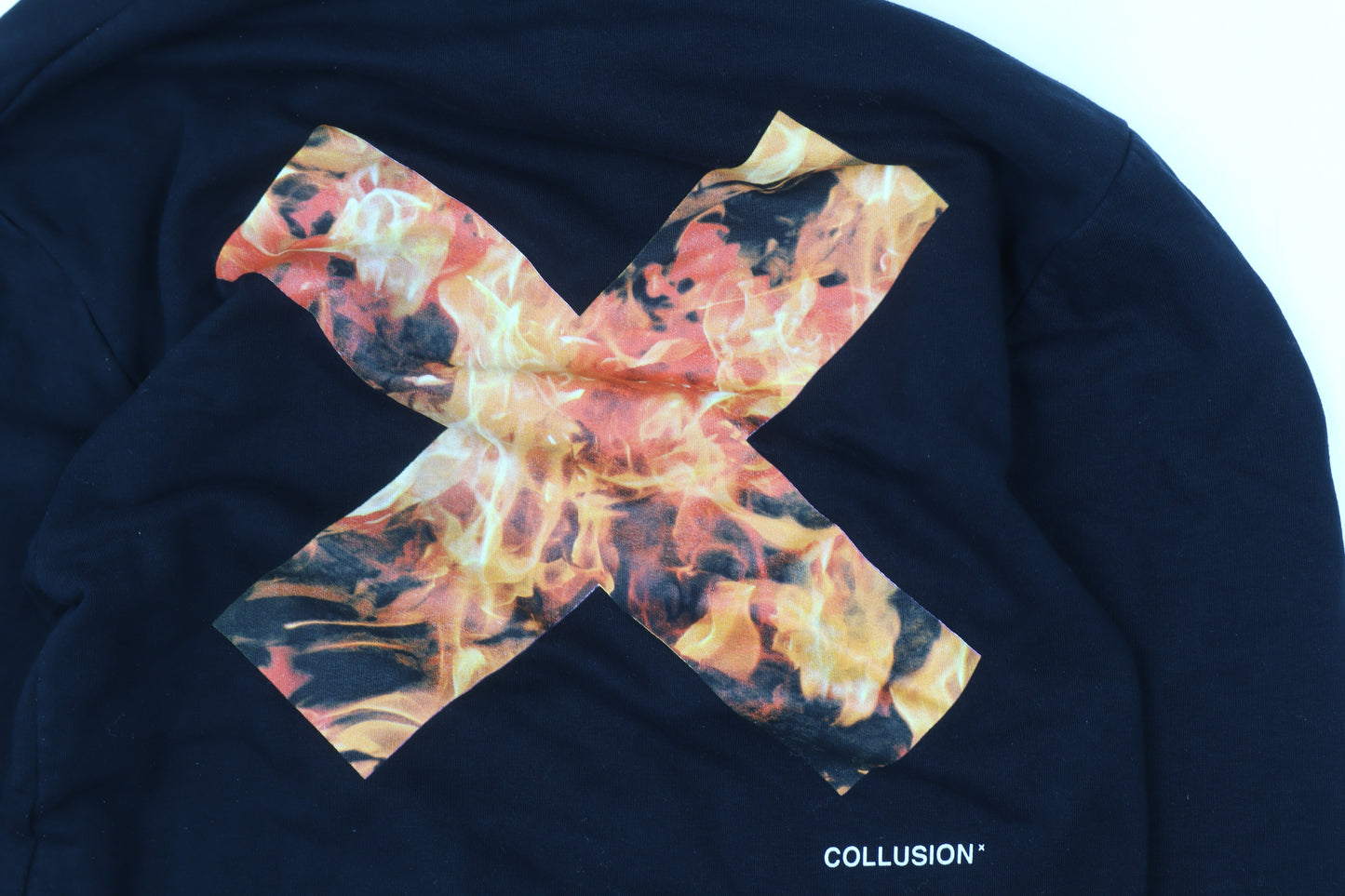 Collusion Men’s Black Pullover Hoodie M Graphic Fire Print