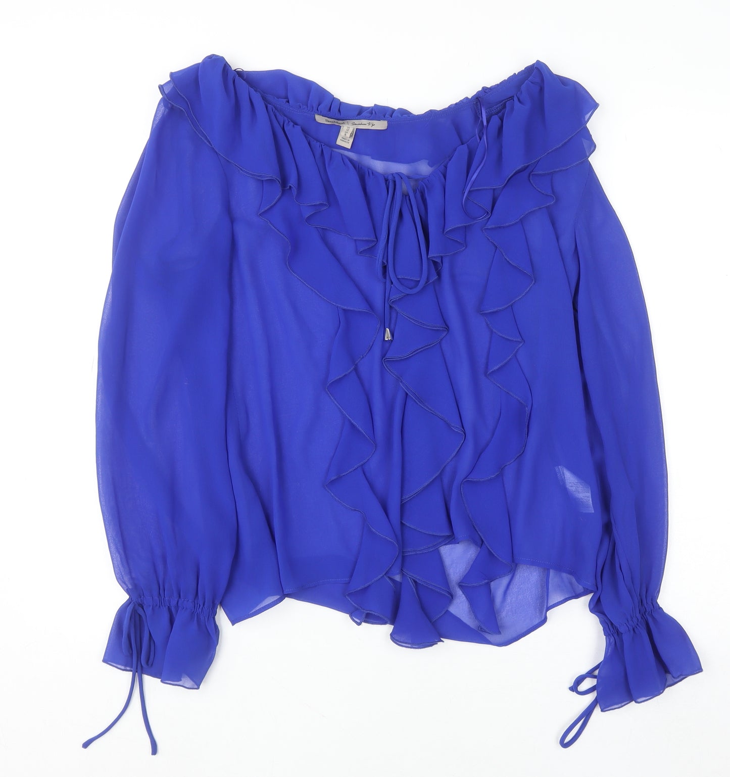 River Island Womens Blue Ruffle Chiffon Blouse UK 12 Long Sleeve Elegant Top