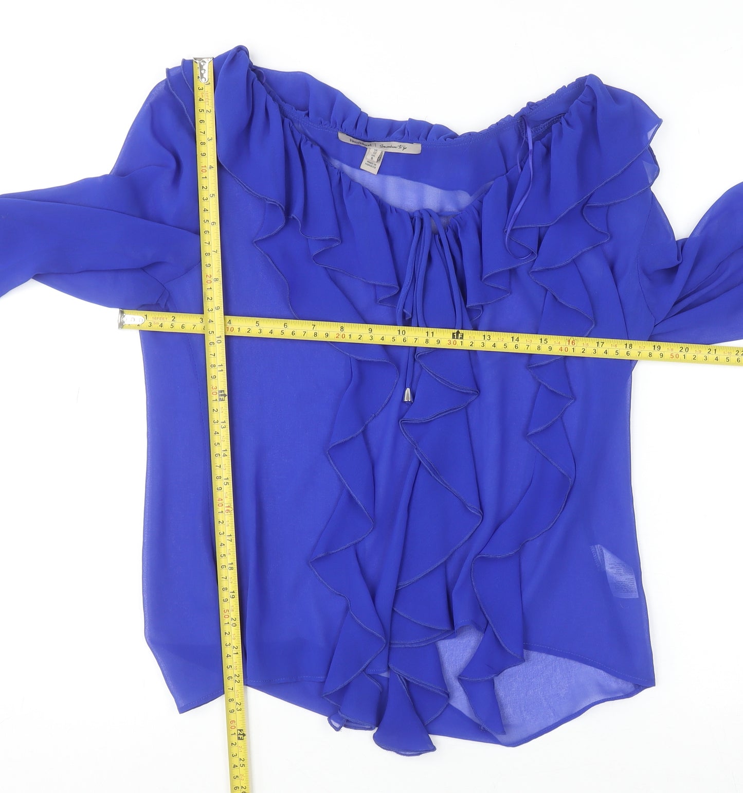 River Island Womens Blue Ruffle Chiffon Blouse UK 12 Long Sleeve Elegant Top