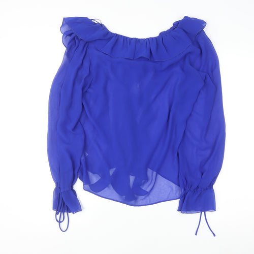 River Island Womens Blue Ruffle Chiffon Blouse UK 12 Long Sleeve Elegant Top