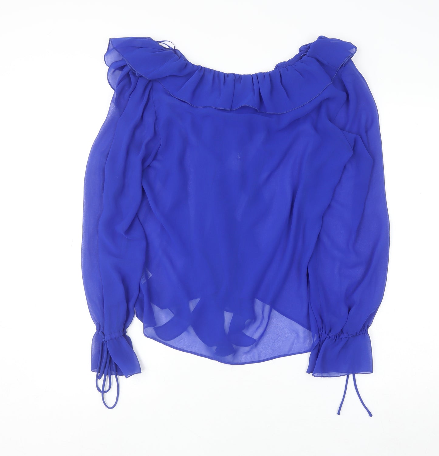 River Island Womens Blue Ruffle Chiffon Blouse UK 12 Long Sleeve Elegant Top