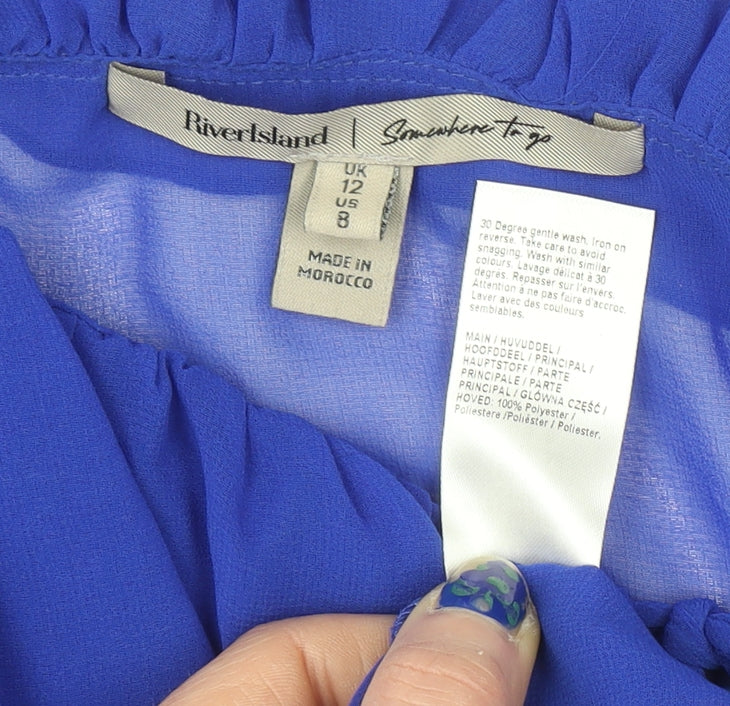 River Island Womens Blue Ruffle Chiffon Blouse UK 12 Long Sleeve Elegant Top