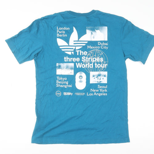 adidas Men's Blue The Three Stripes World Tour Graphic Cotton T-Shirt Size S