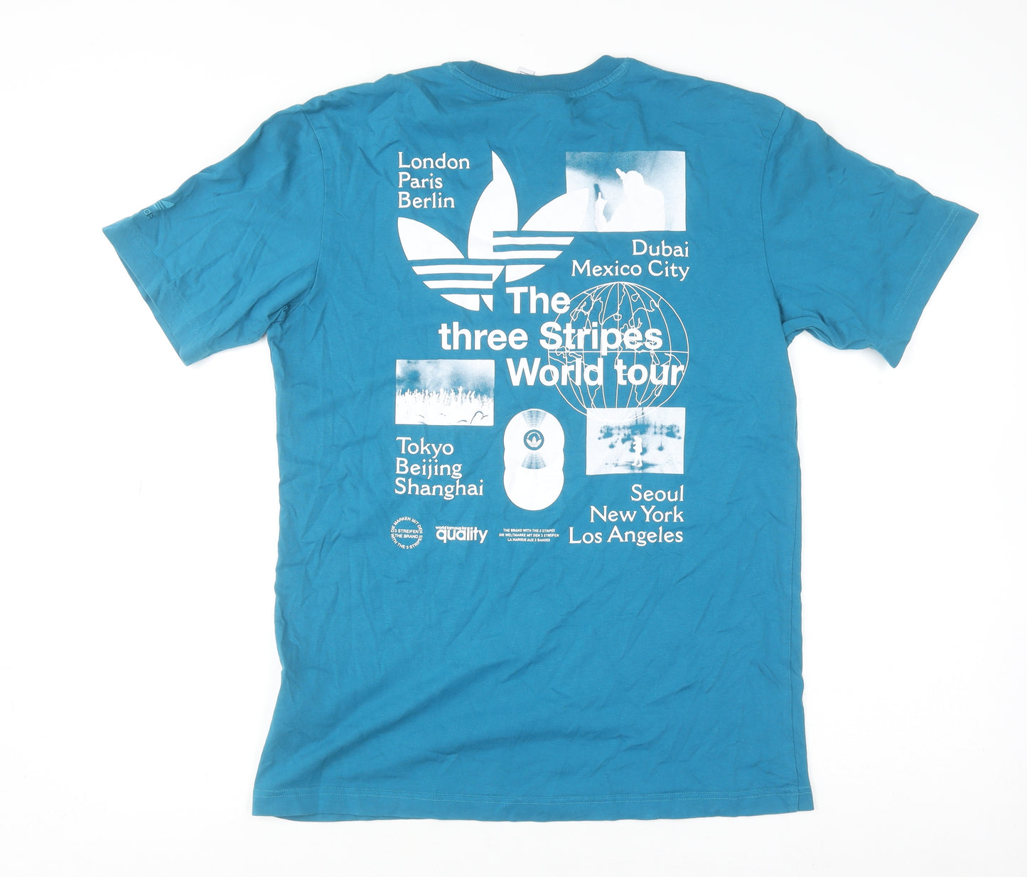 adidas Men's Blue The Three Stripes World Tour Graphic Cotton T-Shirt Size S