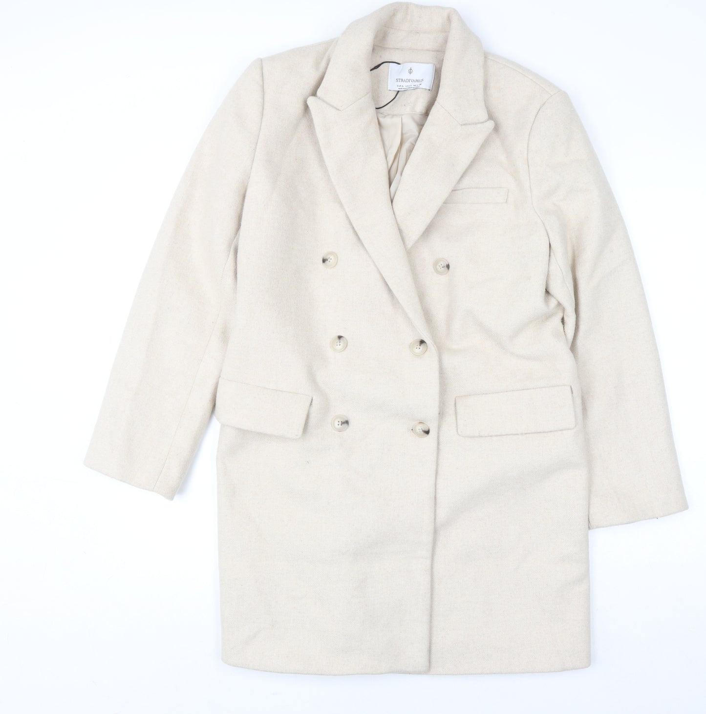Stradivarius Women’s Beige Wool Blend Long Overcoat Size 14