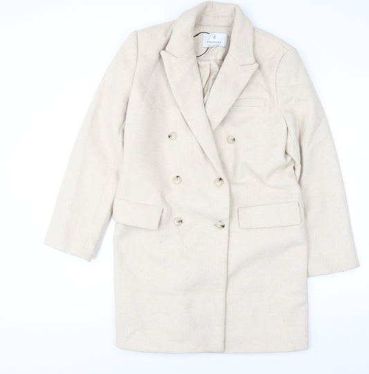 Stradivarius Women’s Beige Wool Blend Long Overcoat Size 14