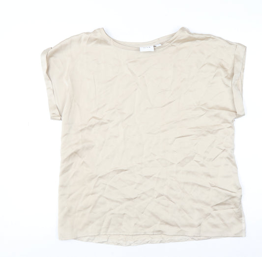 Vila Women Beige Short Sleeve Basic Top Size 12 Polyester Blend