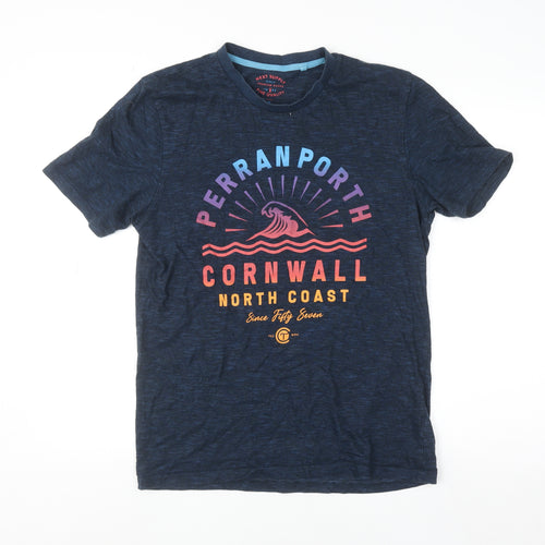 Next Men Navy Blue Graphic Cornwall Crew Neck Cotton T-Shirt Size M