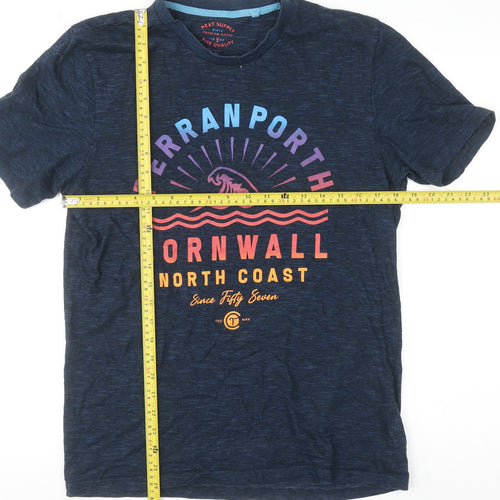 Next Men Navy Blue Graphic Cornwall Crew Neck Cotton T-Shirt Size M