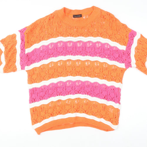 Pala D’oro Women’s Orange Pink Stripe Open Knit Cotton Jumper L