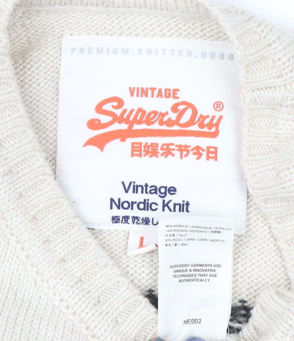 Superdry Men's Ivory Fair Isle Nordic Pullover Jumper L