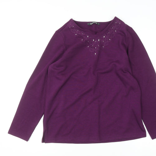 Bonmarché Women's Purple Beaded Long Sleeve V-Neck Top Size S