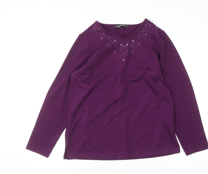 Bonmarché Women's Purple Beaded Long Sleeve V-Neck Top Size S