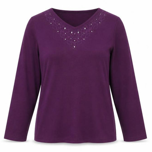 Bonmarché Women's Purple Beaded Long Sleeve V-Neck Top Size S