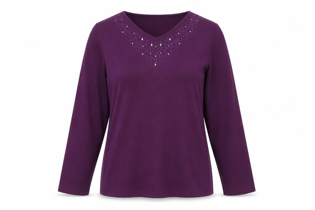 Bonmarché Women's Purple Beaded Long Sleeve V-Neck Top Size S
