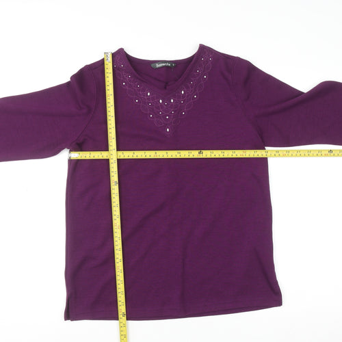 Bonmarché Women's Purple Beaded Long Sleeve V-Neck Top Size S