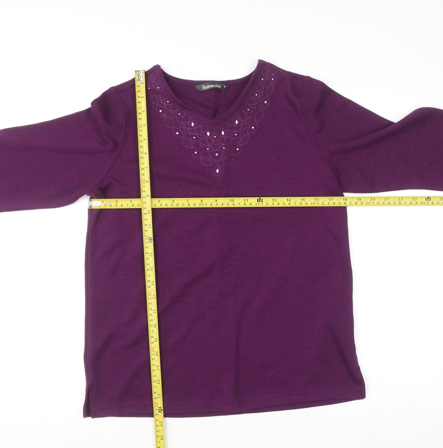 Bonmarché Women's Purple Beaded Long Sleeve V-Neck Top Size S