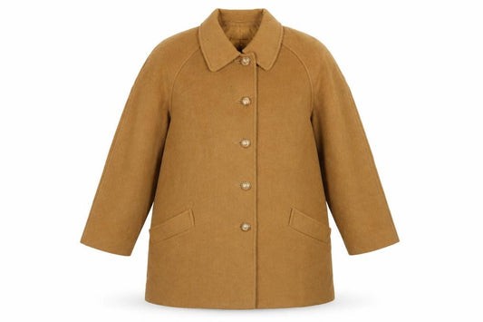 Front view of Eastex Women's Beige Wool Alpaca Overcoat, size 16, Classic Lined