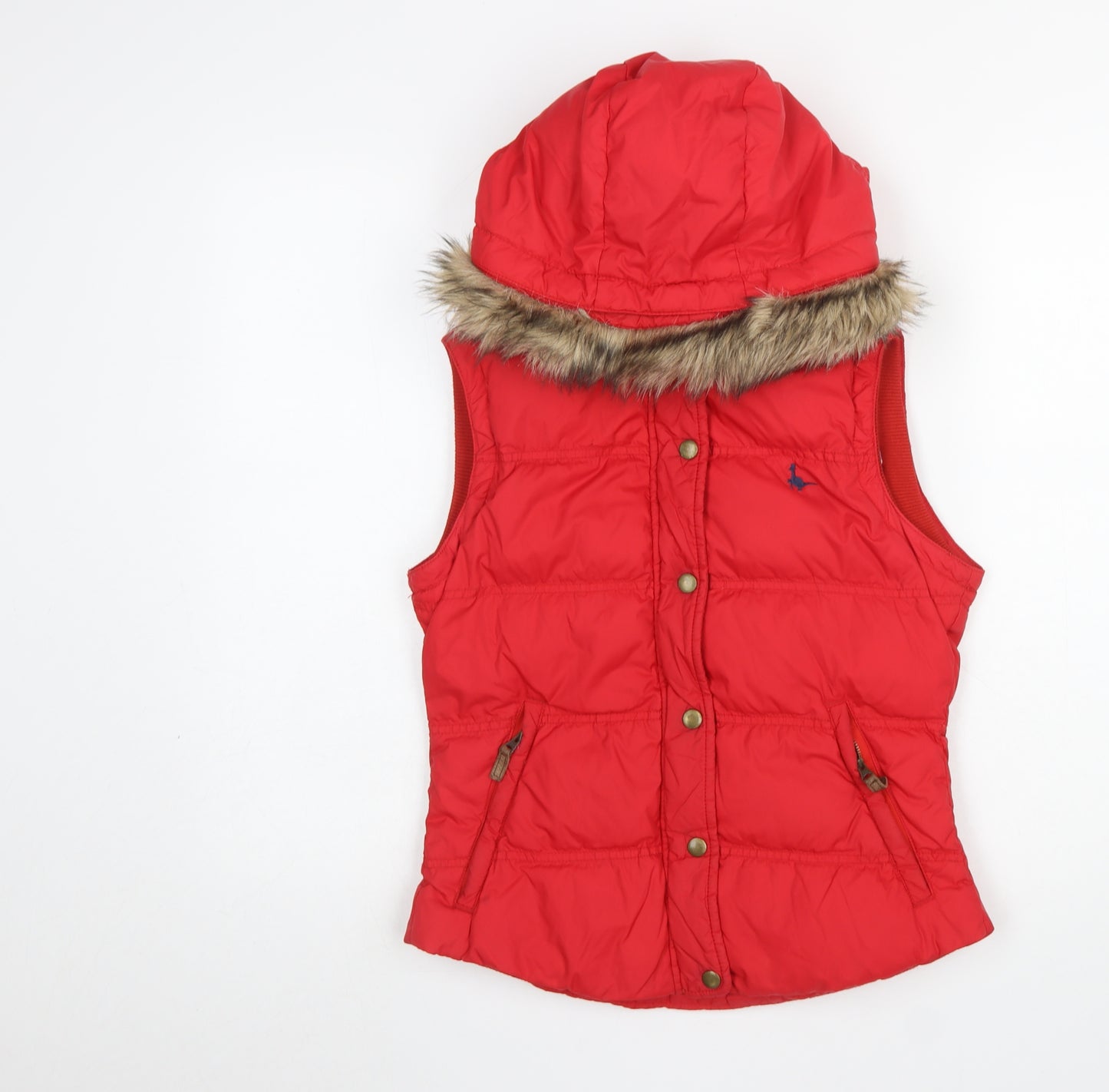 Jack Wills Women’s Red Puffer Waistcoat UK 8 Hooded Fur Trim
