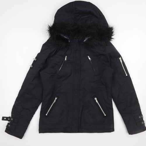 Red Herring Women's Black Faux Fur Hooded Parka Jacket Size 10