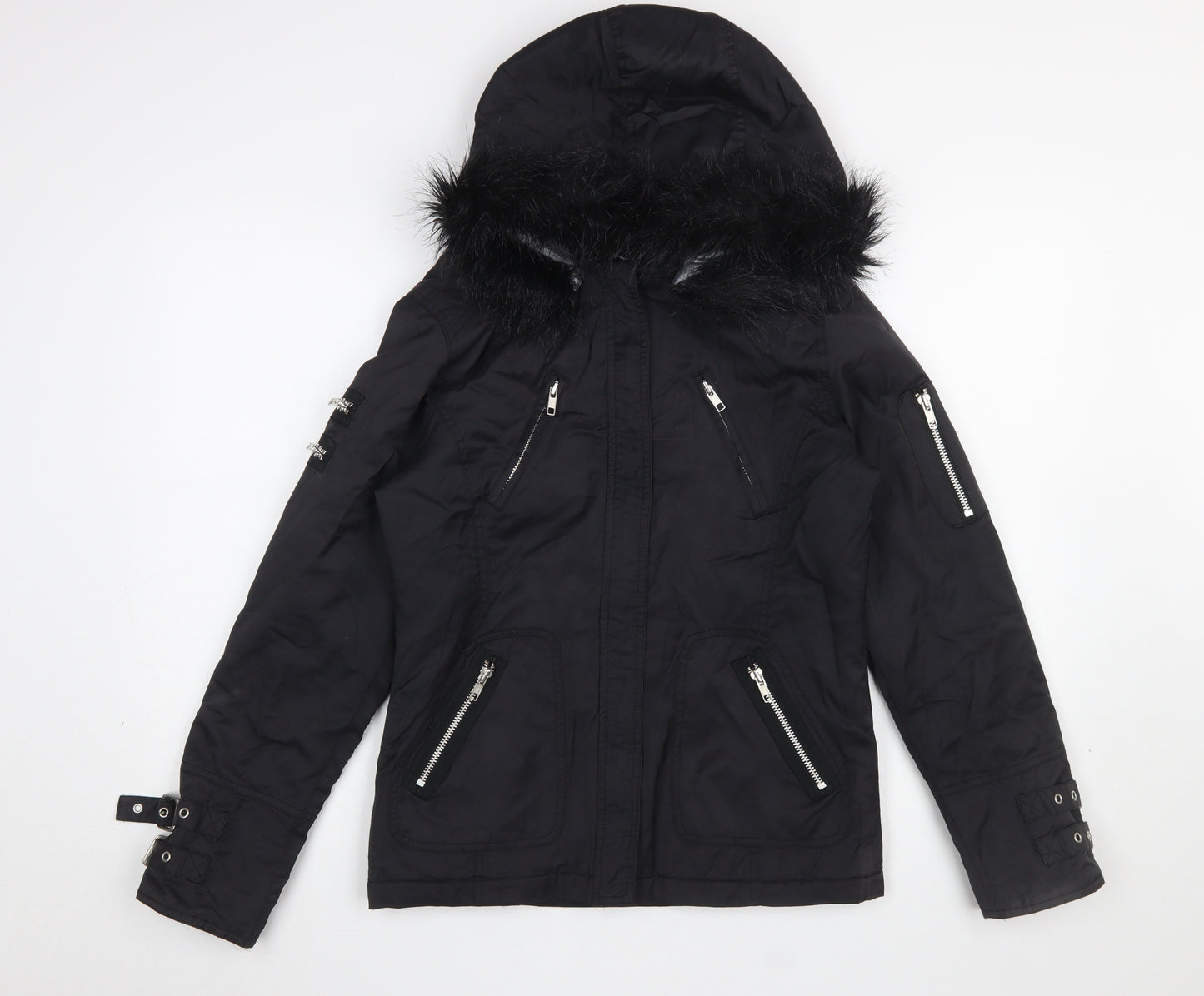 Red Herring Women's Black Faux Fur Hooded Parka Jacket Size 10