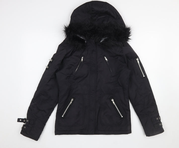 Red Herring Women's Black Faux Fur Hooded Parka Jacket Size 10