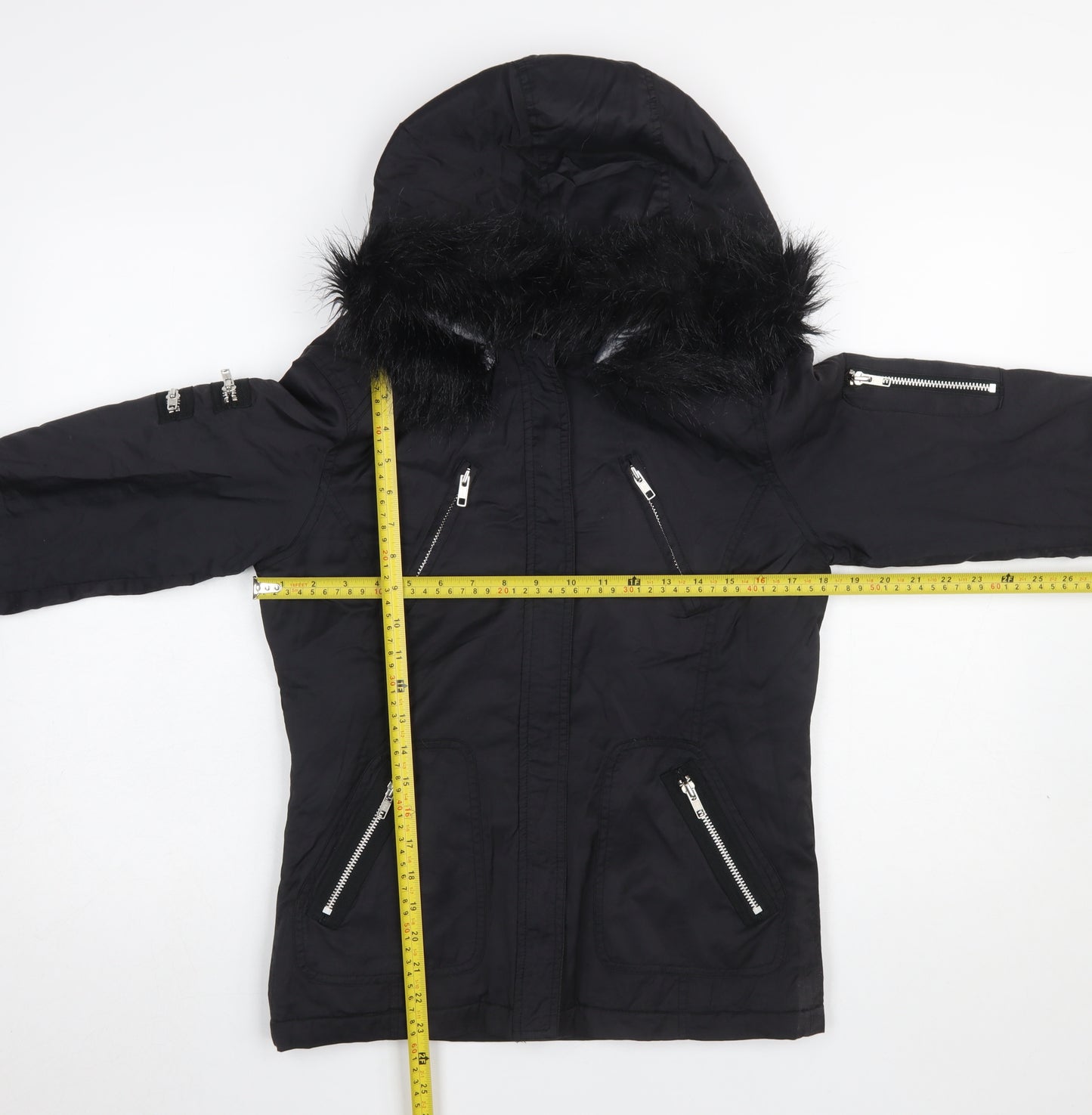Red Herring Women's Black Faux Fur Hooded Parka Jacket Size 10
