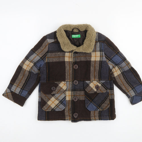 United Colors of Benetton Boys Brown Plaid Wool Blend Coat 3-4 Years