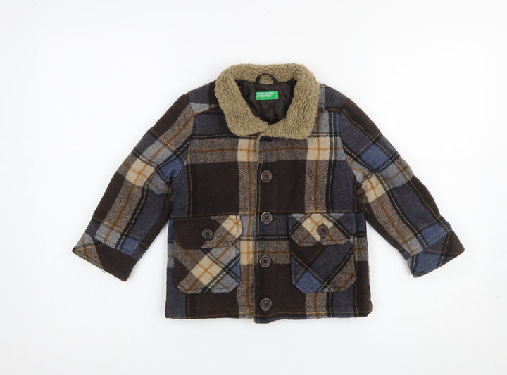 United Colors of Benetton Boys Brown Plaid Wool Blend Coat 3-4 Years