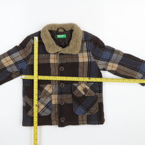 United Colors of Benetton Boys Brown Plaid Wool Blend Coat 3-4 Years