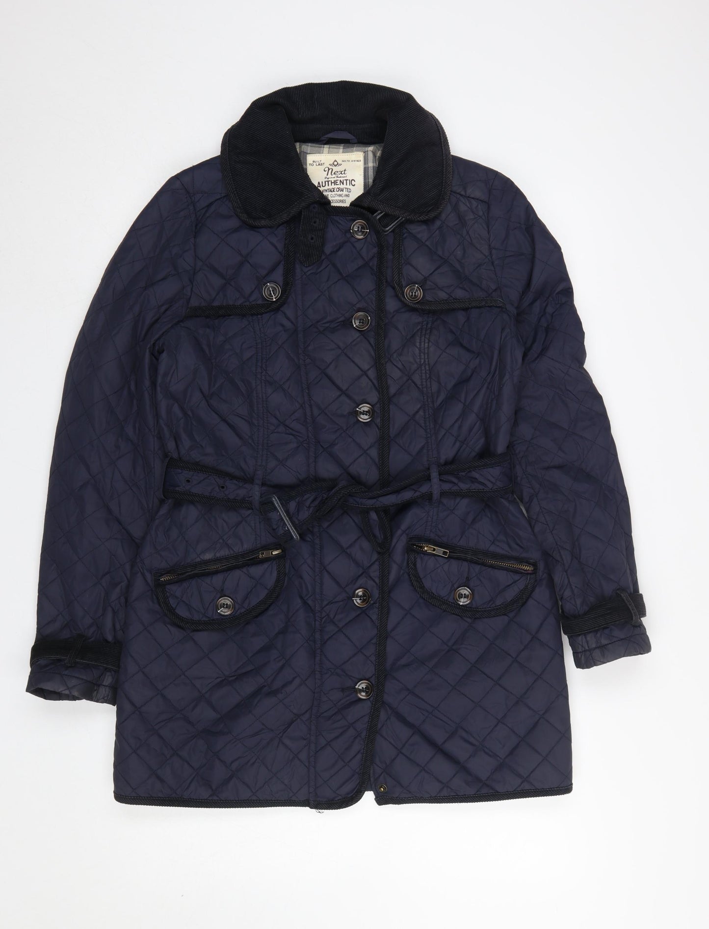Next Women's Blue Quilted Belted Jacket Size 10 Mid-Length Classic Style