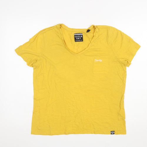 Superdry Women's Yellow V-Neck Short Sleeve T-Shirt UK14 Cotton Blend