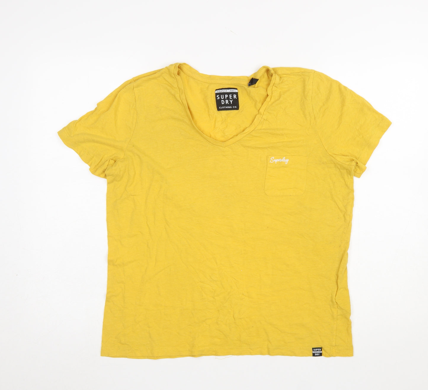 Superdry Women's Yellow V-Neck Short Sleeve T-Shirt UK14 Cotton Blend