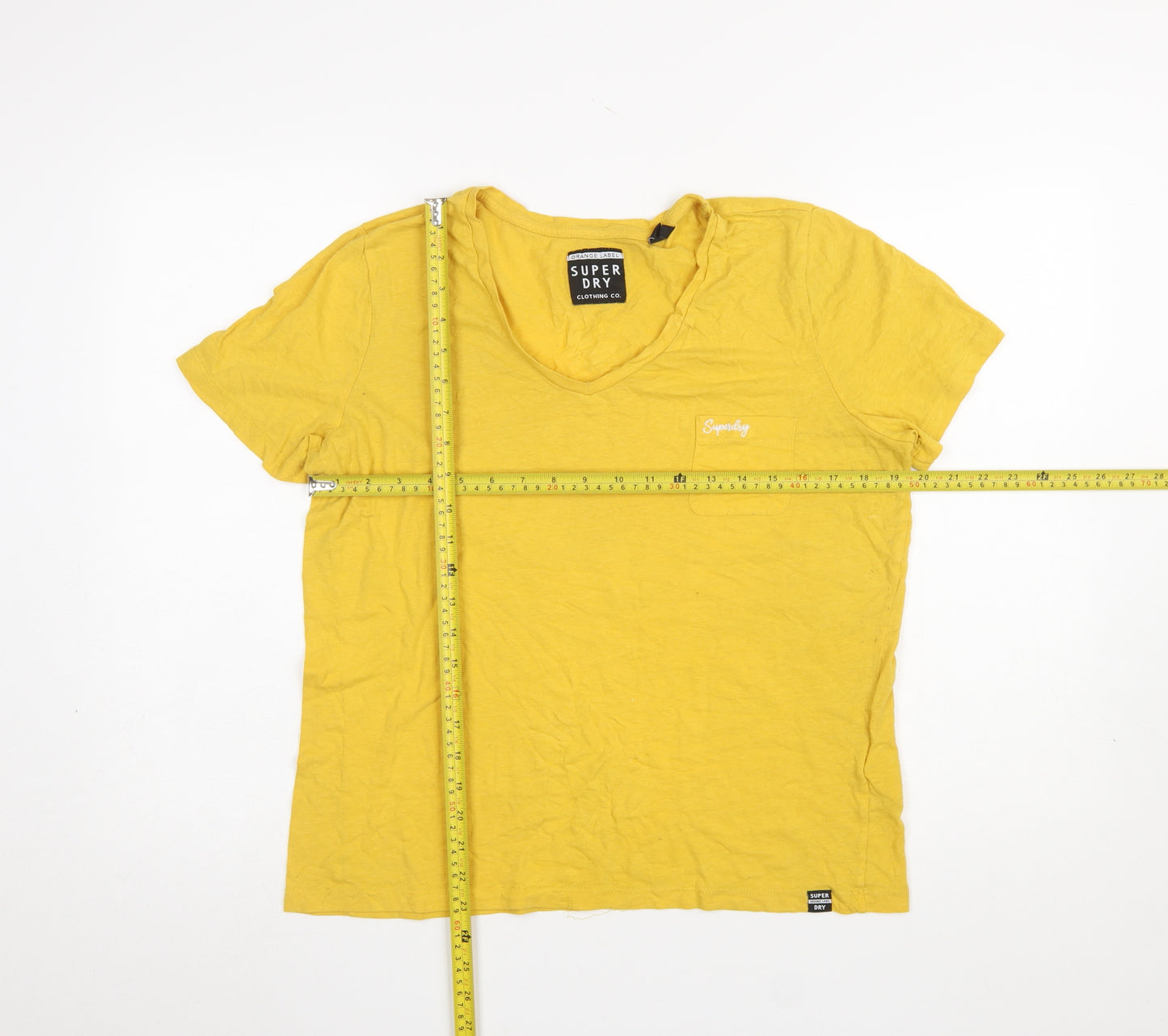 Superdry Women's Yellow V-Neck Short Sleeve T-Shirt UK14 Cotton Blend