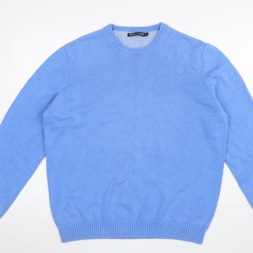 WoolOvers Men Blue Cotton Crew Neck Classic Fit Jumper XL