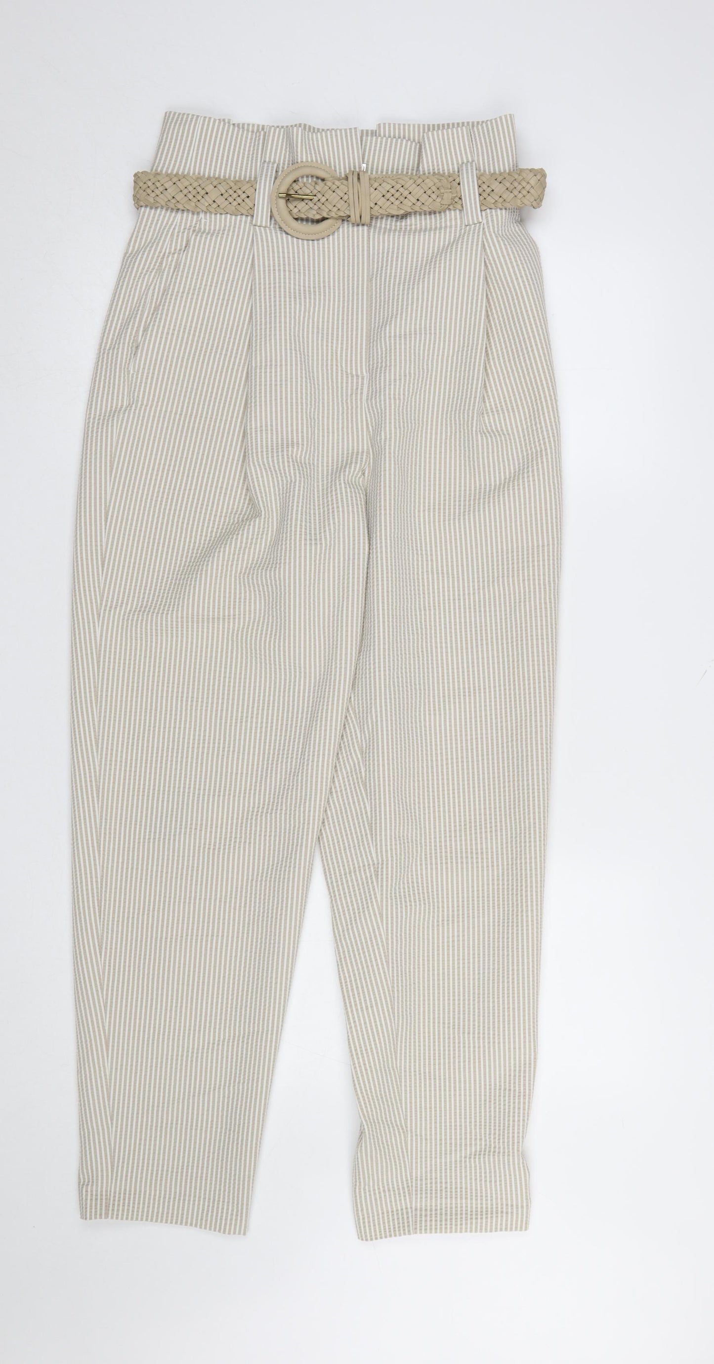 Zara Women Beige Striped Paperbag High Waist Tapered Trousers S
