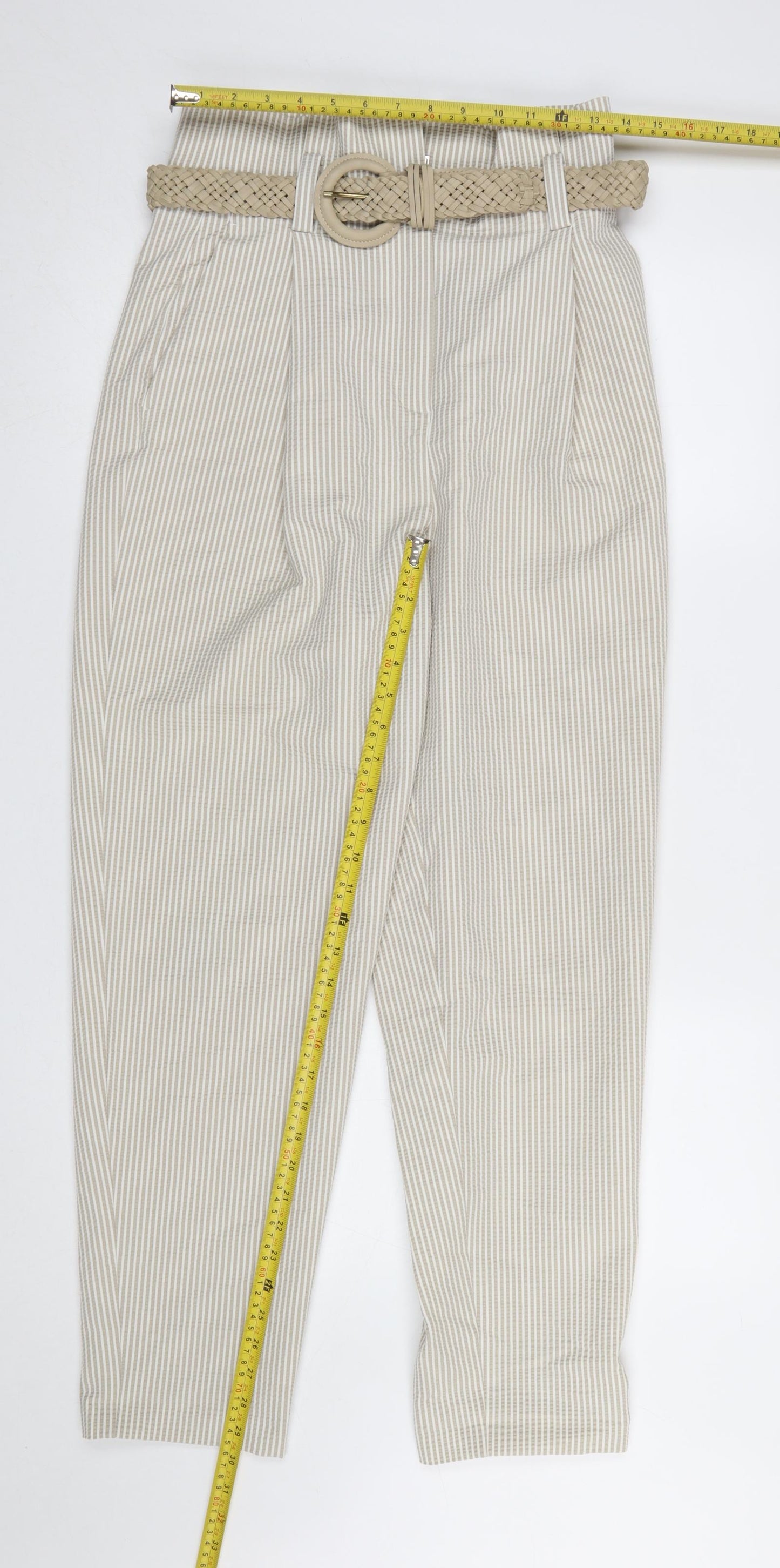 Zara Women Beige Striped Paperbag High Waist Tapered Trousers S