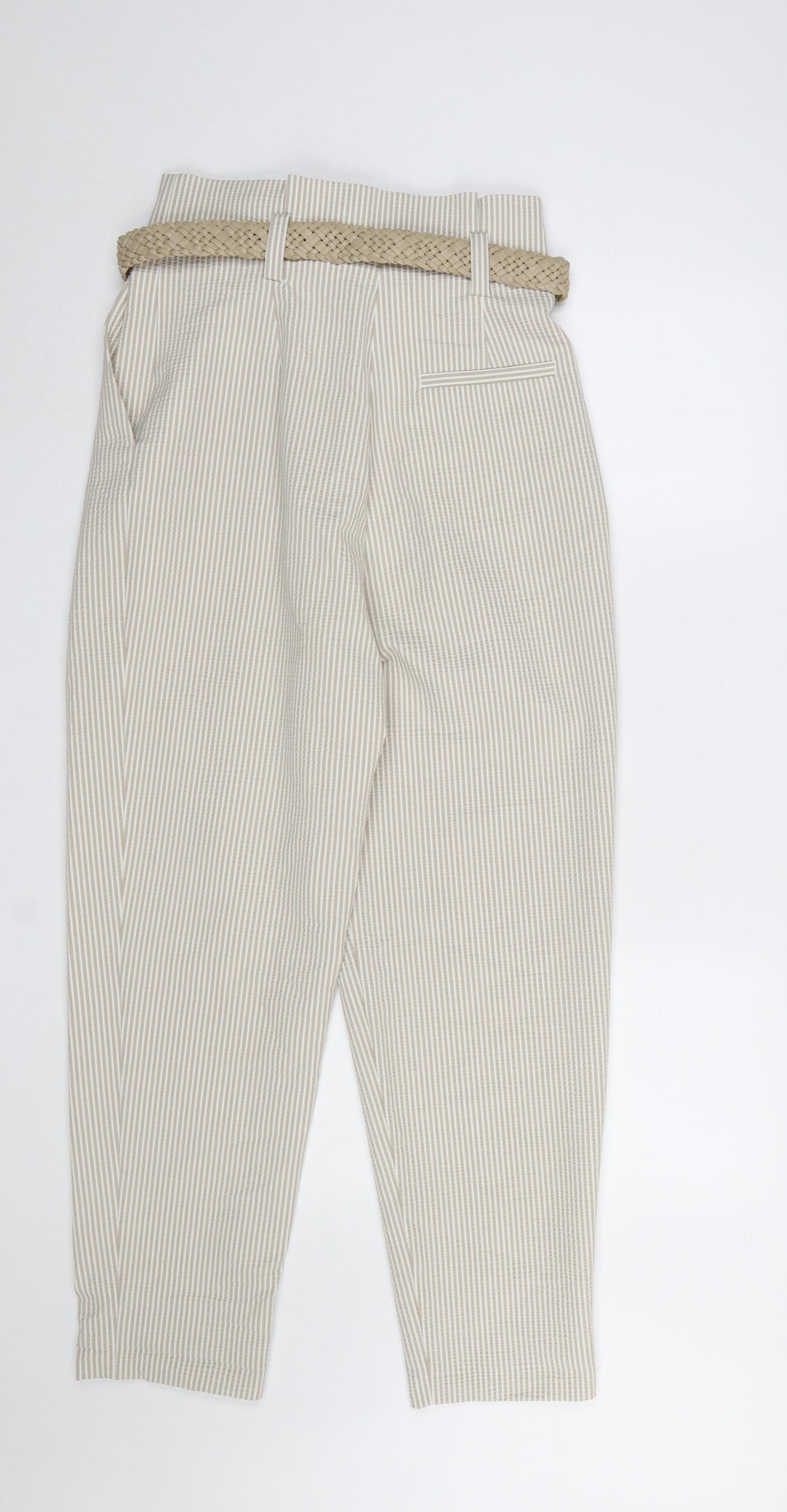 Zara Women Beige Striped Paperbag High Waist Tapered Trousers S