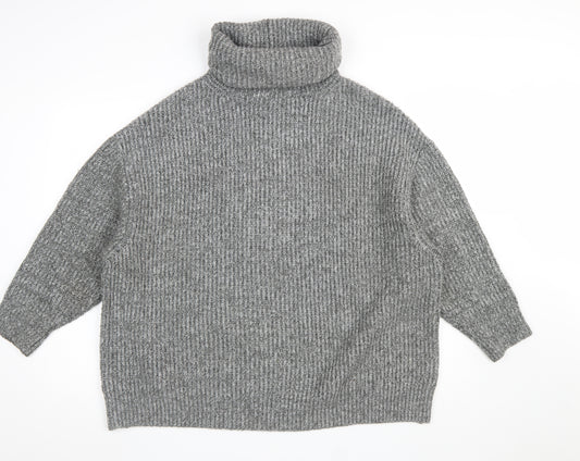 Zara Women Grey Wool Blend Roll Neck Chunky Knit Jumper Size S
